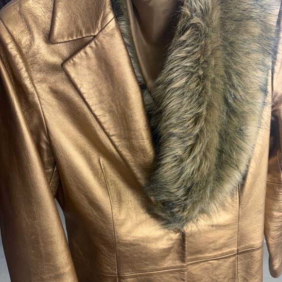 Luxurious Bronze Faux Fur Collar Leather Jacket - Picture 3 of 8